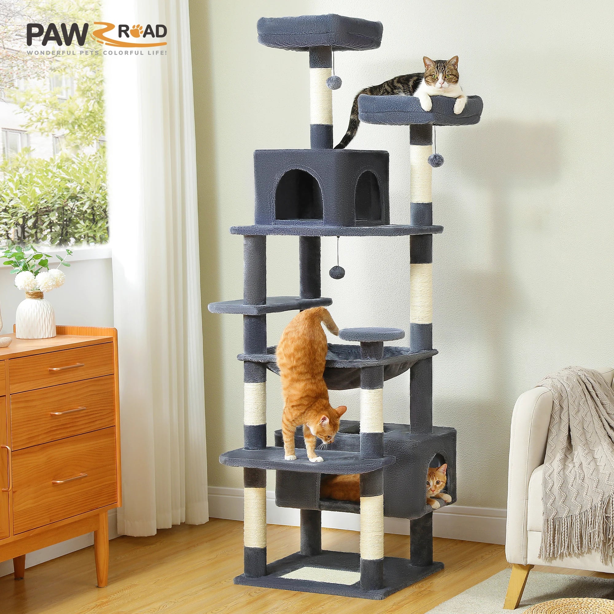 Large cat tree for indoor cats with multiple levels and cozy hideaways for playful felines