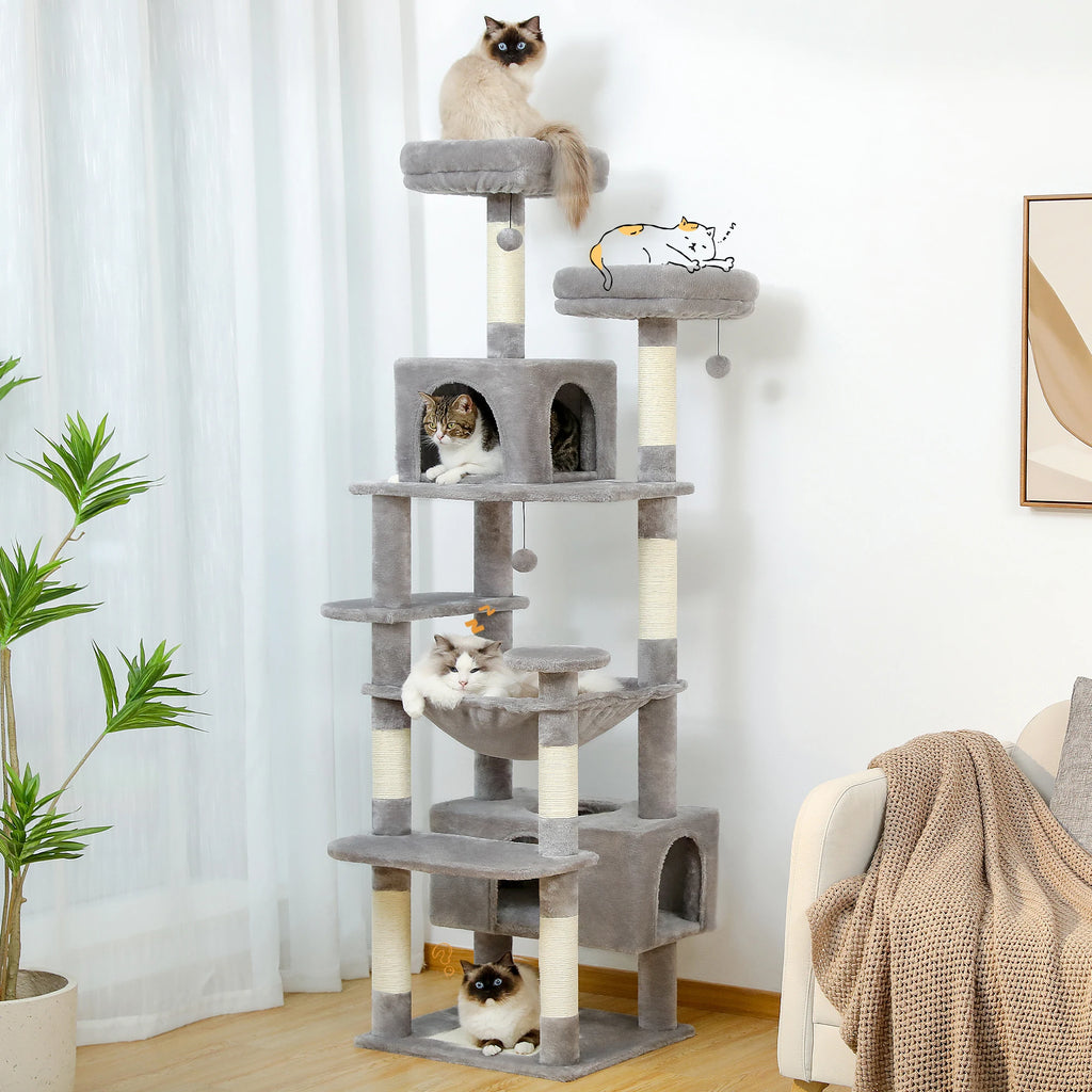 Large cat tree for indoor cats with multiple levels and scratching posts, perfect for playful feline adventures