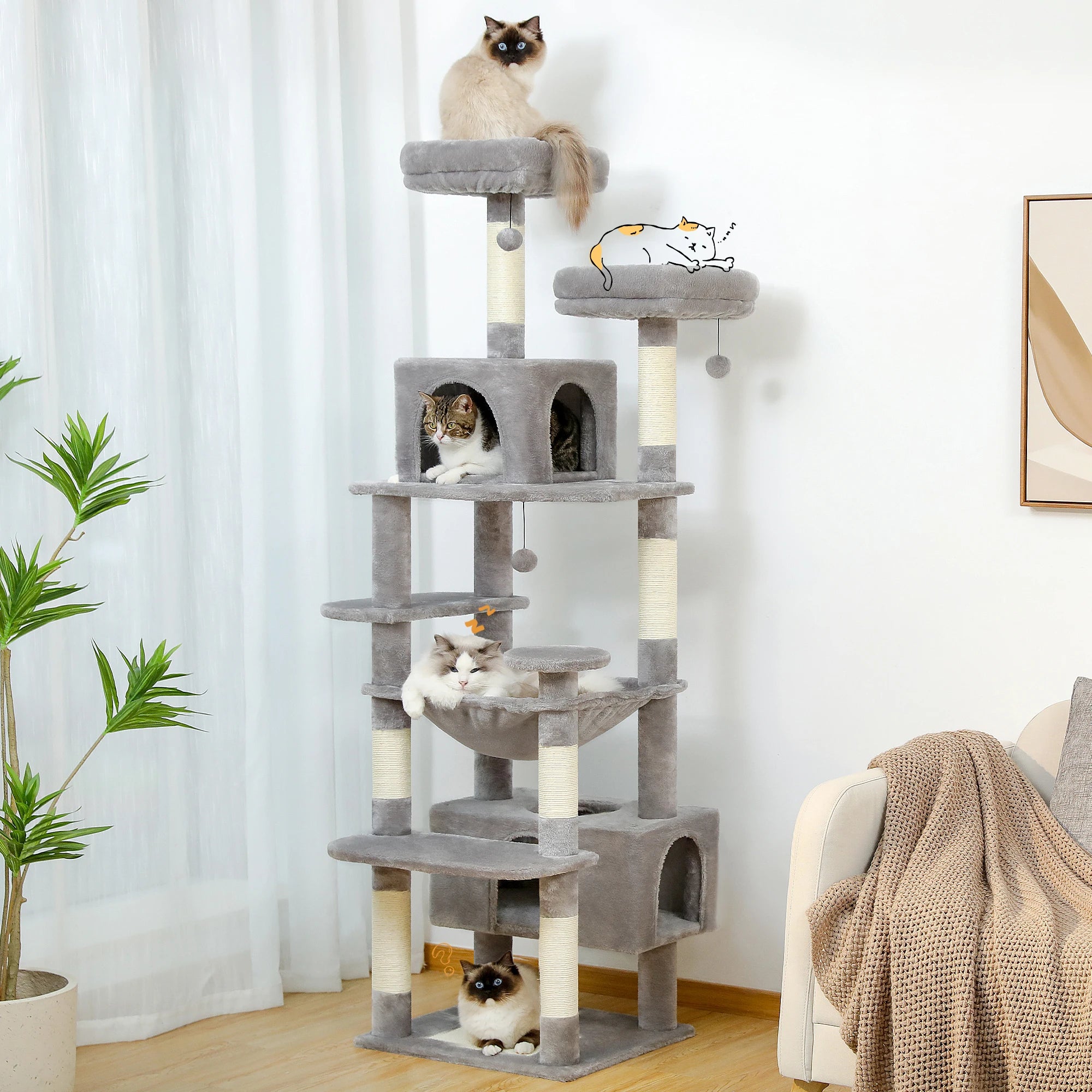 Large cat tree for indoor cats with multiple levels and scratching posts, perfect for playful feline adventures