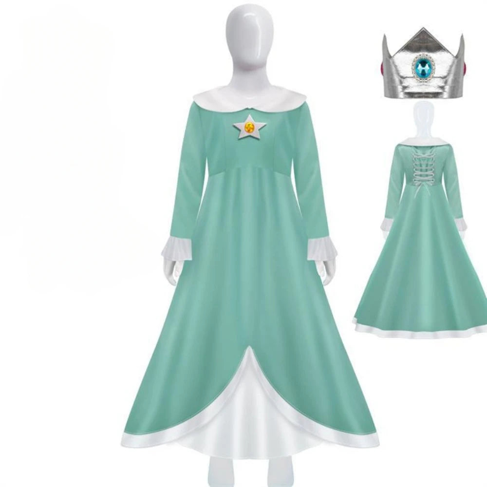 Peach Princess cosplay costume for women in mint green with a star emblem and crown accessory