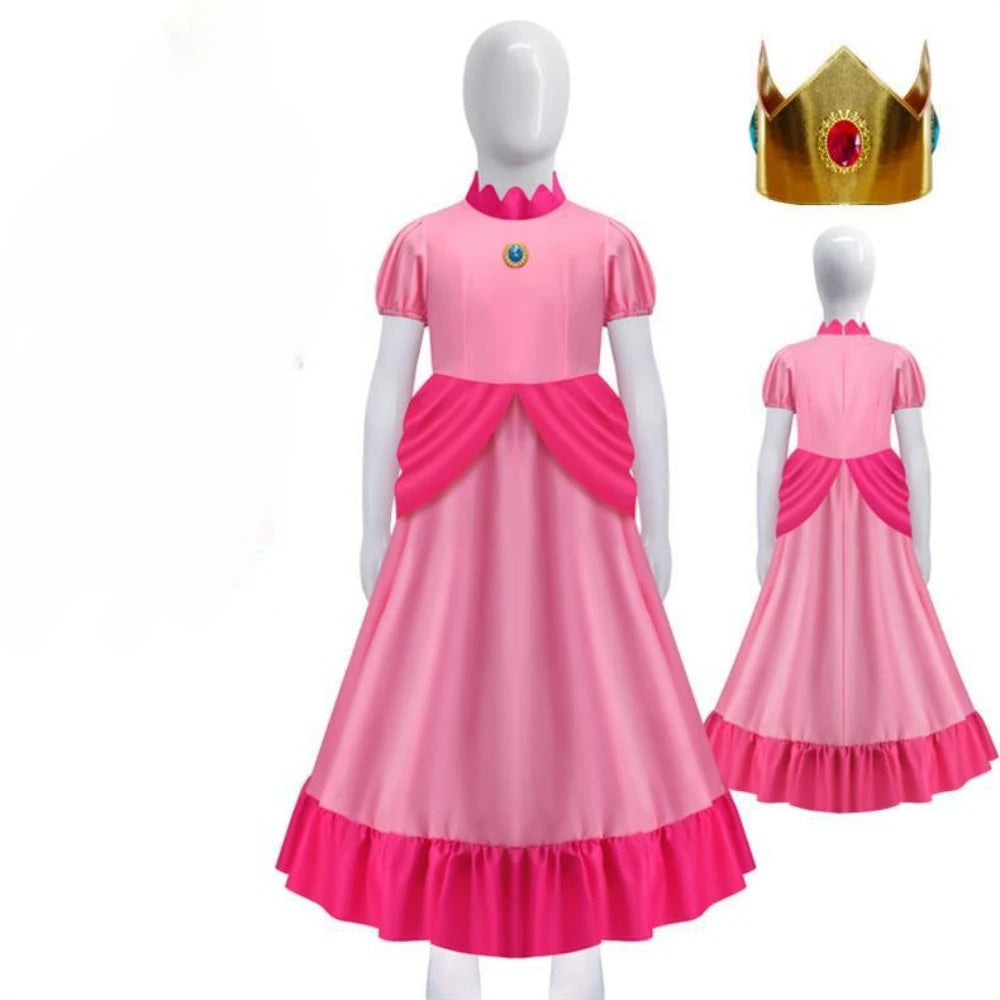 Peach Princess cosplay costume for women with matching crown, perfect for themed parties and events