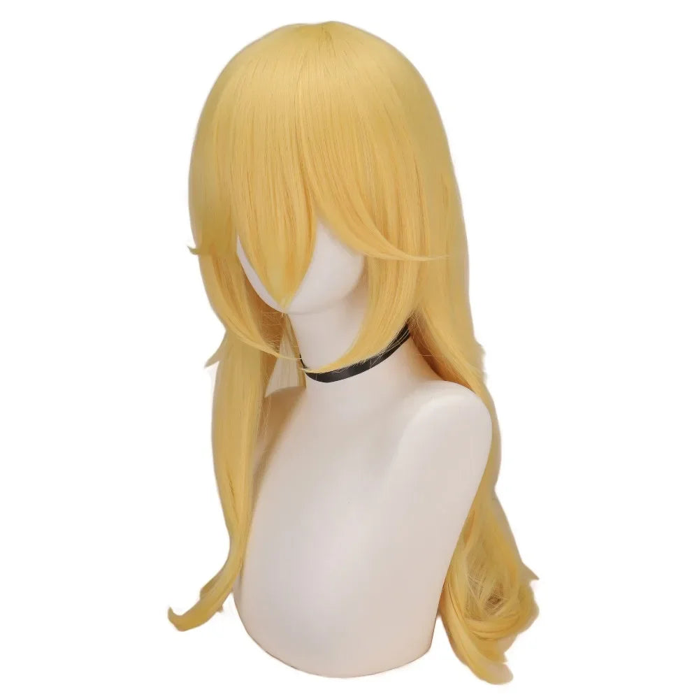 Long blonde wig styled for Peach Princess cosplay costume for women from Zoomies & Co