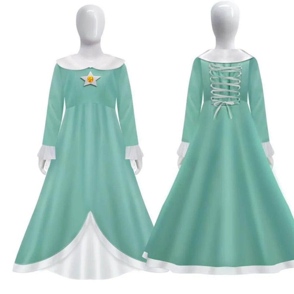 Mint green Peach Princess cosplay costume for women with star emblem and lace-up back design