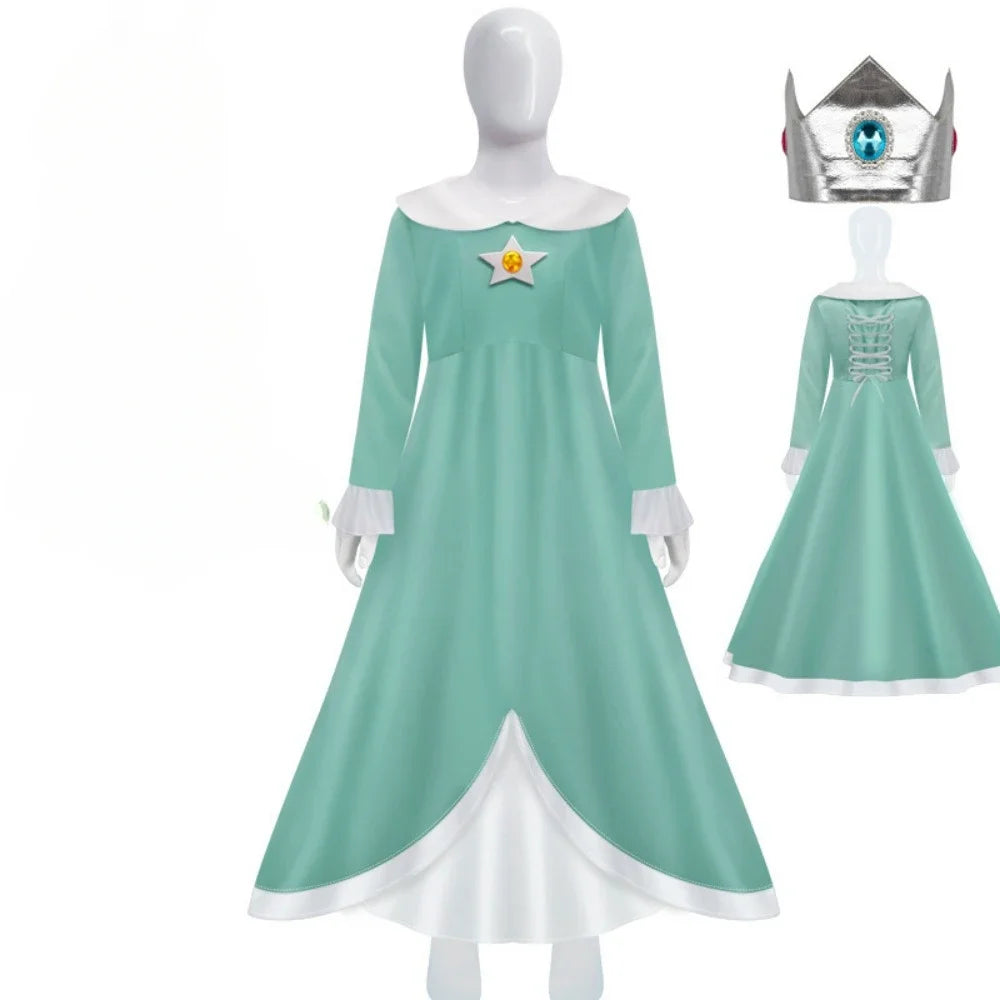 Mint green Peach Princess cosplay costume for women with a star emblem and crown accessory