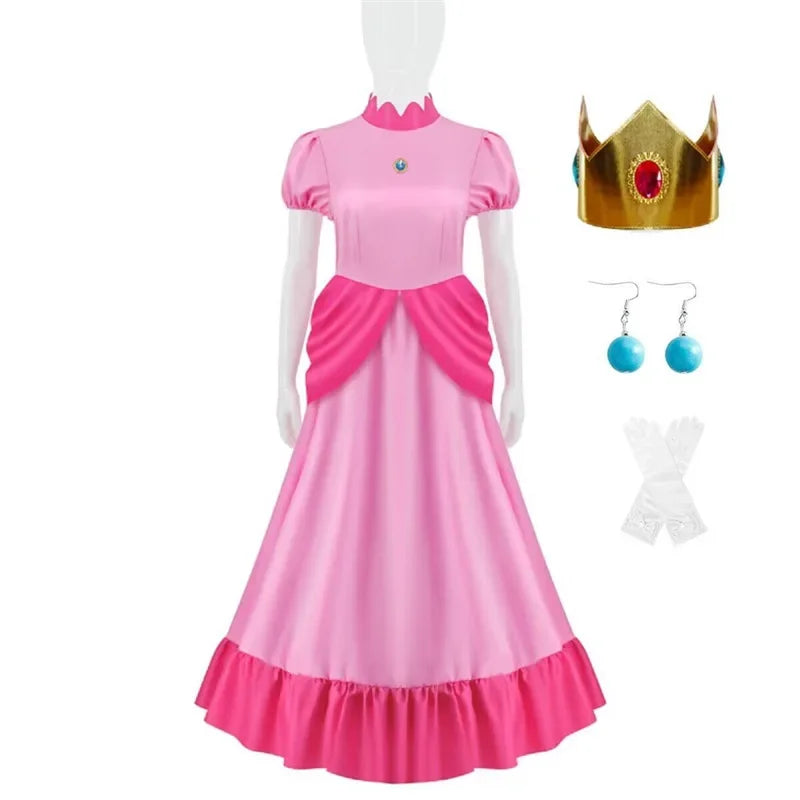 Peach Princess cosplay costume for women featuring a pink dress, crown, earrings, and gloves