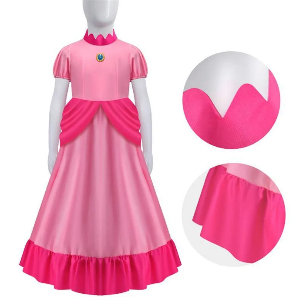 Peach Princess cosplay costume for women featuring a pink dress with puff sleeves and ruffled hem