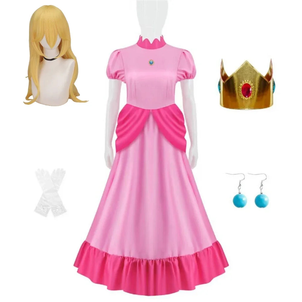 Peach Princess cosplay costume for women with dress, crown, gloves, and earrings