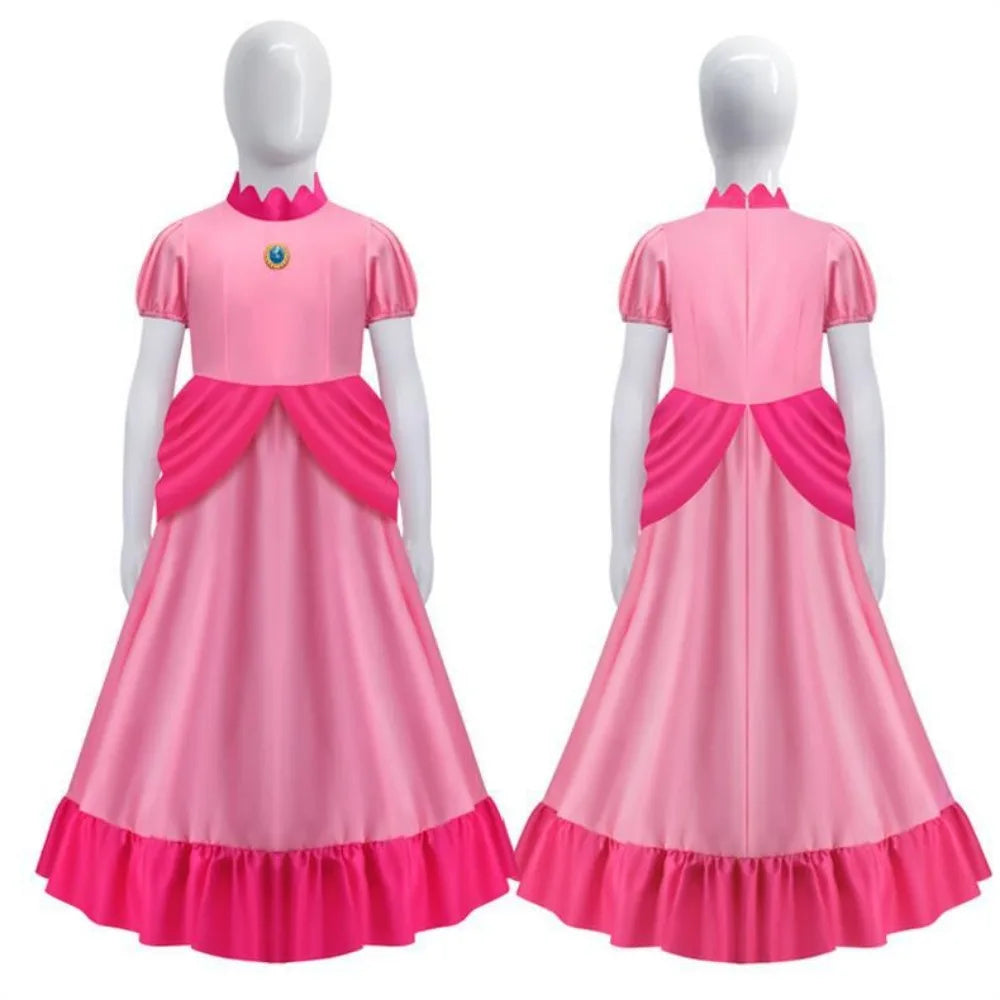 Peach Princess cosplay costume for women featuring a pink dress with puff sleeves and a ruffled hem