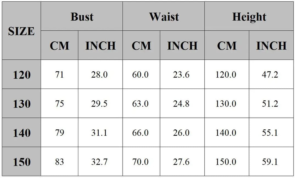 Peach Princess cosplay costume for women with size chart detailing bust, waist, and height measurements