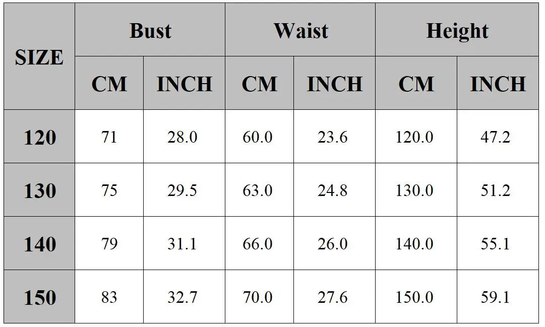 Peach Princess cosplay costume for women with size chart detailing bust, waist, and height measurements
