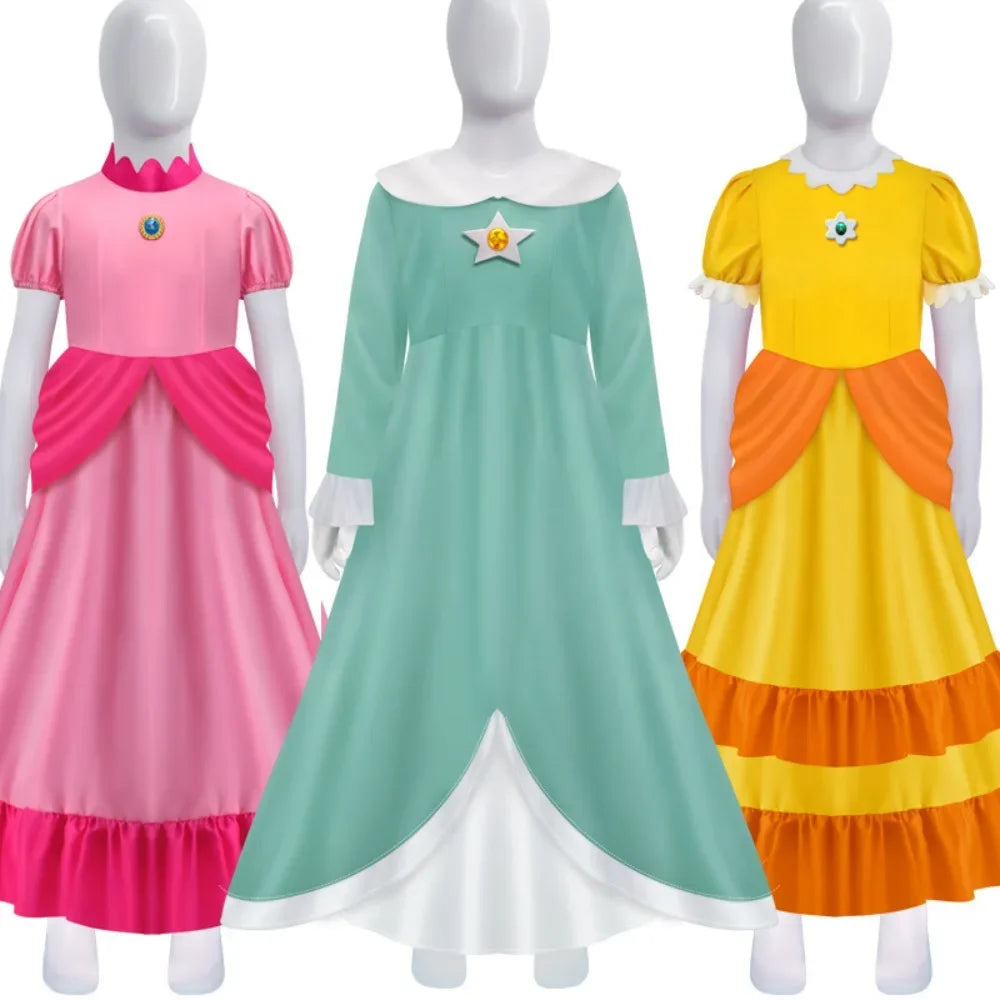 Peach Princess cosplay costume for women featuring pink, green, and yellow dresses with elegant designs