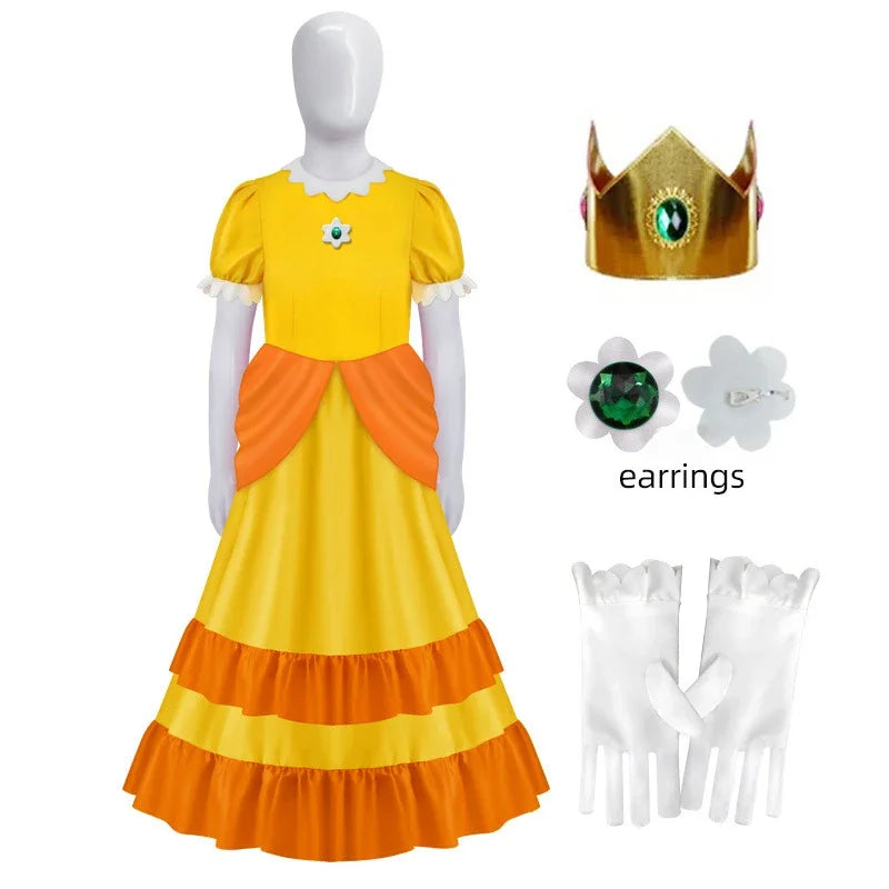 Peach Princess cosplay costume for women featuring a yellow dress, crown, and accessories