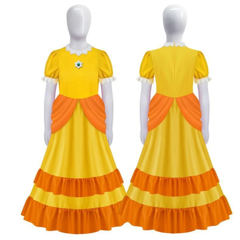 Peach Princess cosplay costume for women in yellow with orange accents and ruffled design
