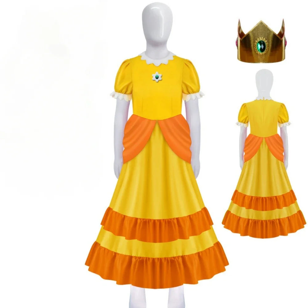 Peach Princess cosplay costume for women featuring a yellow dress and matching crown