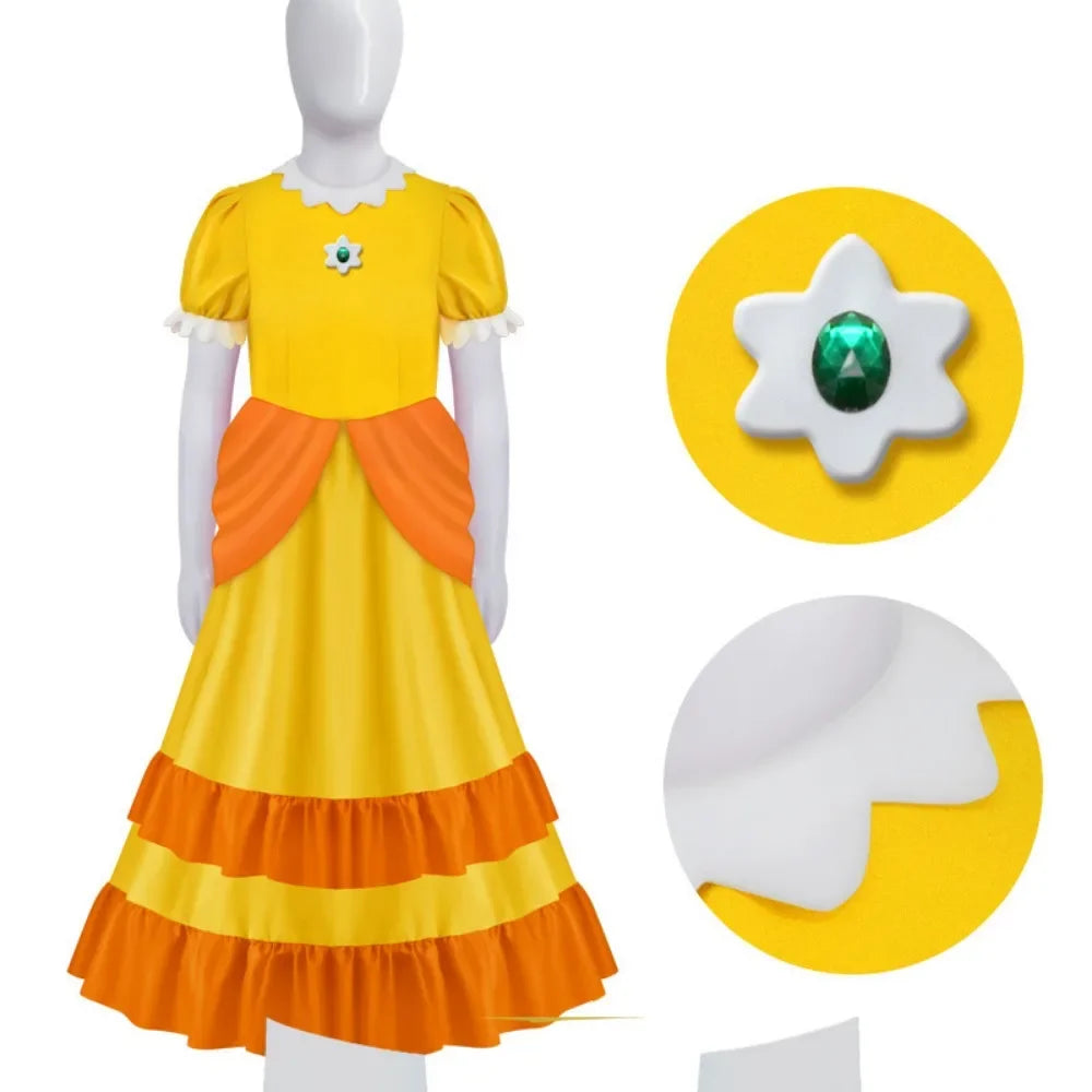 Peach Princess cosplay costume for women featuring a yellow dress with orange accents and decorative details