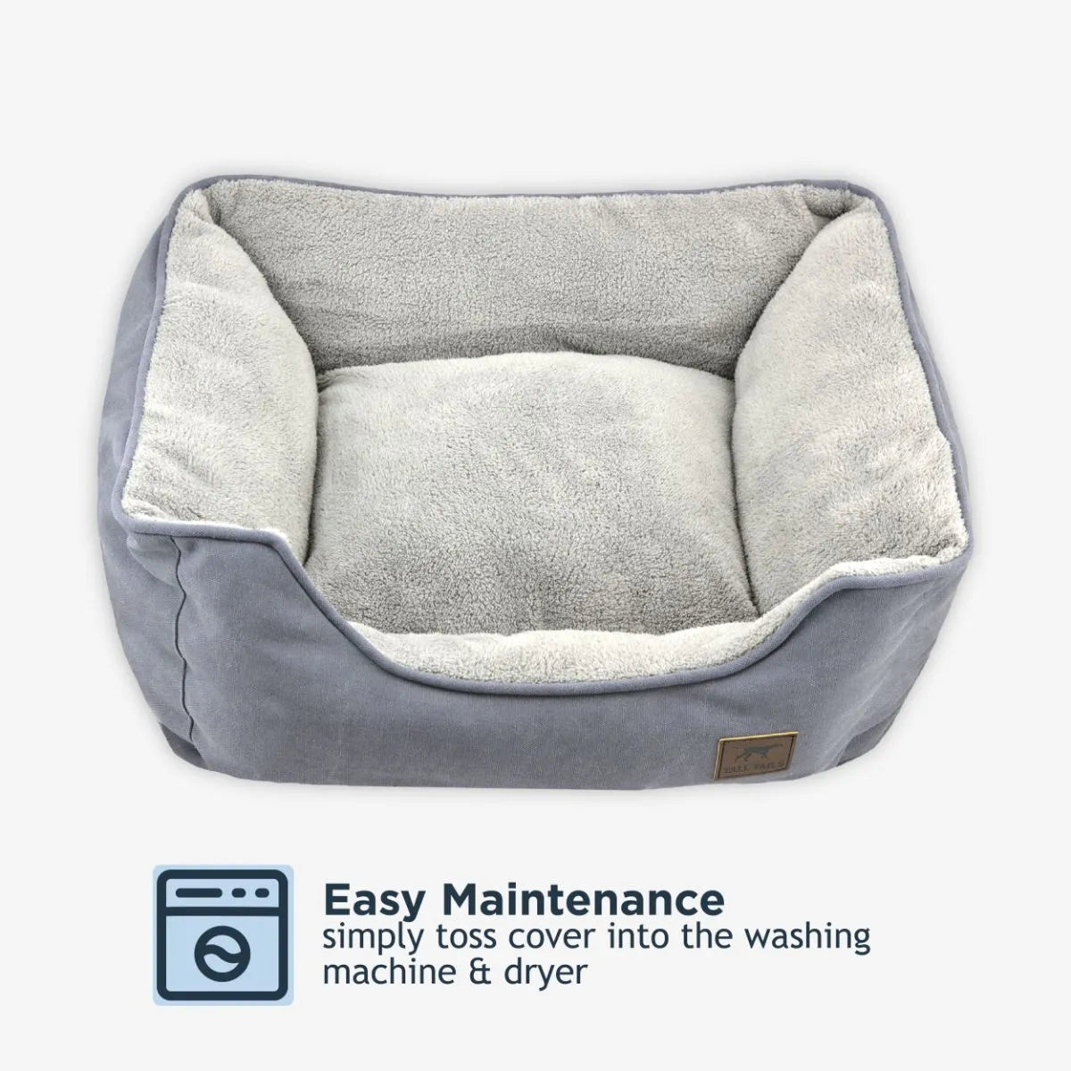 Gray plush pet bed with soft cushion and washable cover for easy maintenance
