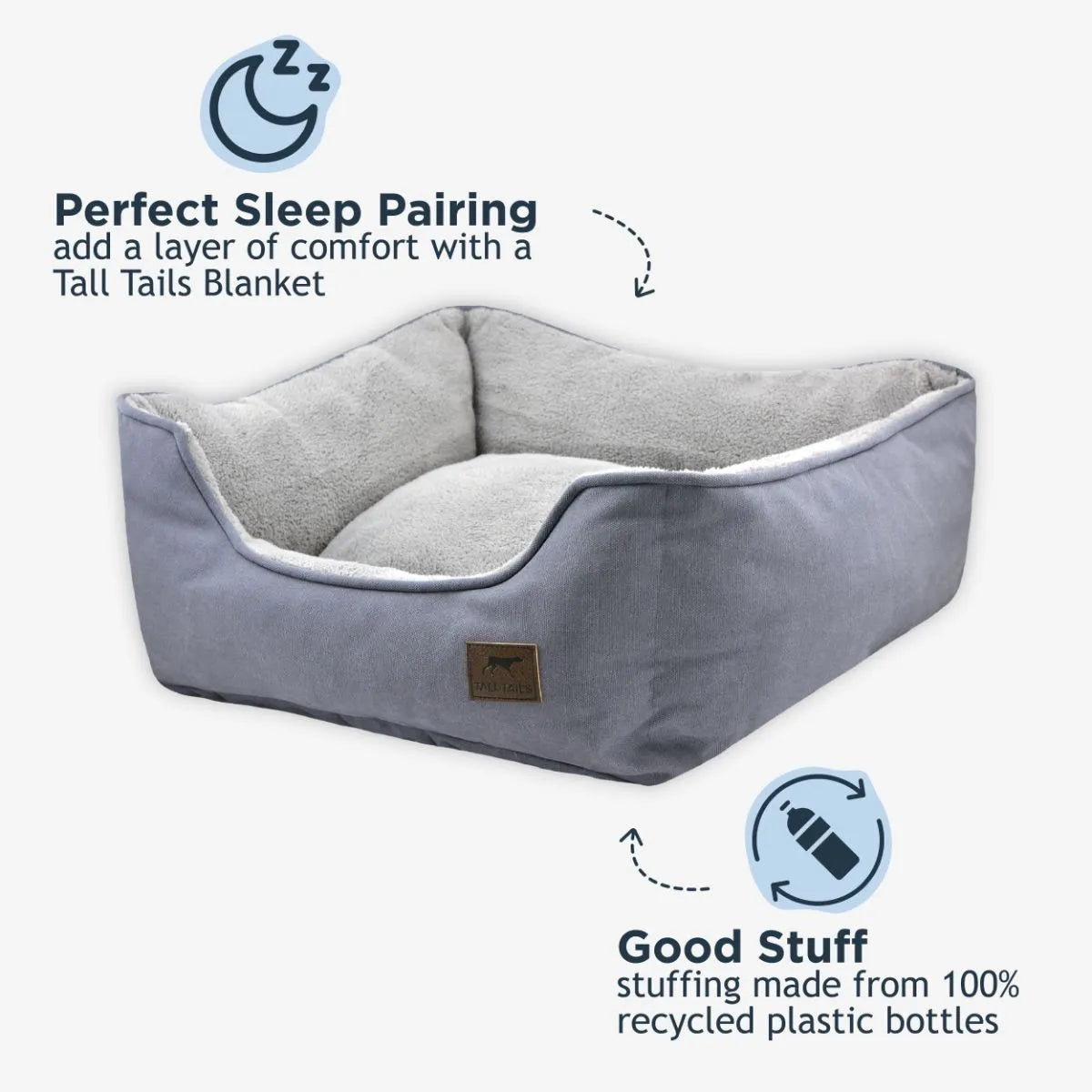 Gray Tall Tails pet bed with soft plush interior and eco-friendly stuffing made from recycled plastic bottles