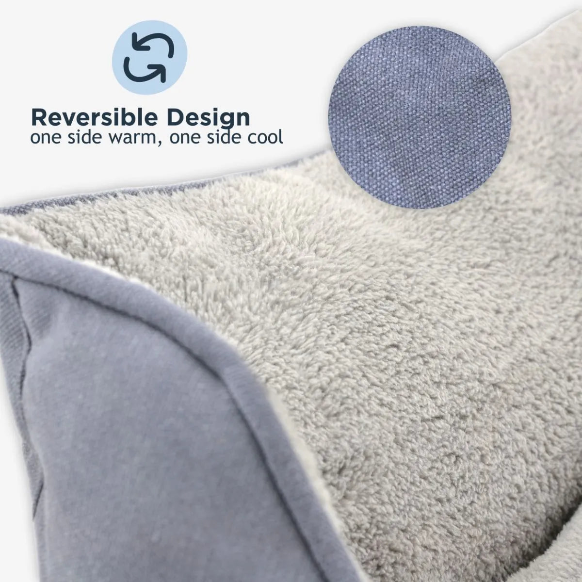 Close-up of reversible pet bed with soft plush warm side and cool fabric side