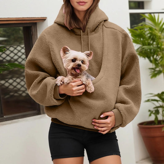 Cozy Zoomies & Co pet carrier hoodie in brown designed to carry small pets comfortably