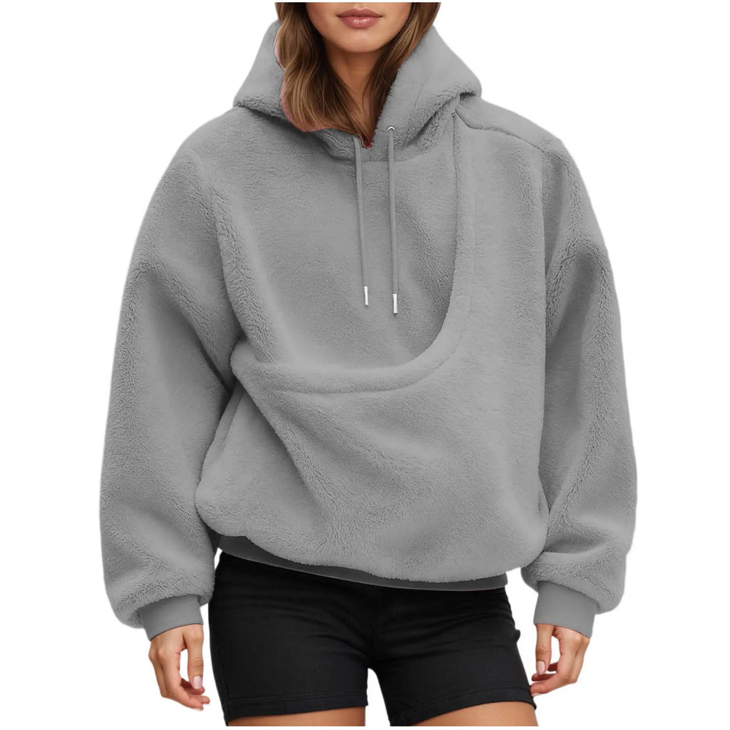 Cozy gray pet carrier hoodie with a large pocket for carrying small pets hands-free