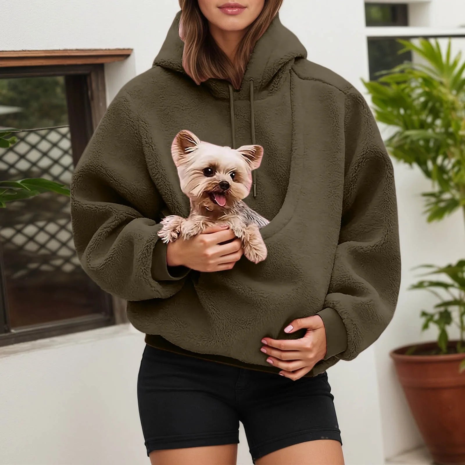 Cozy pet carrier hoodie in olive green featuring a front pocket for small dogs