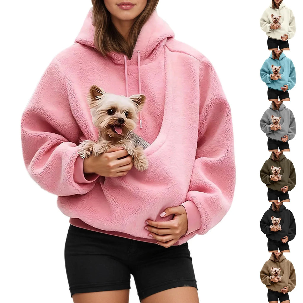 Cozy pet carrier hoodie in pink designed for snug comfort and easy pet transport