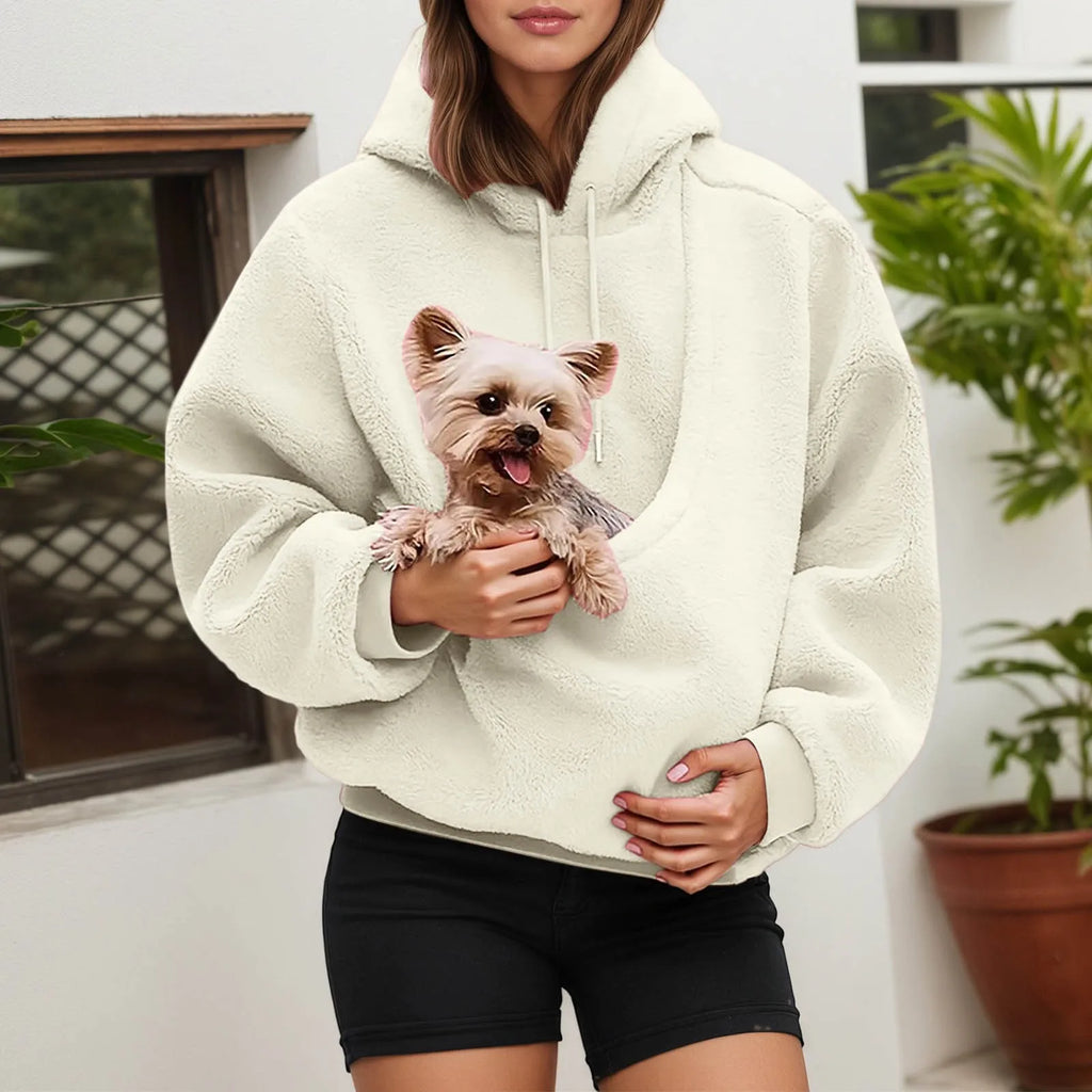Cozy Zoomies & Co pet carrier hoodie with a front pouch for small pets like dogs or cats