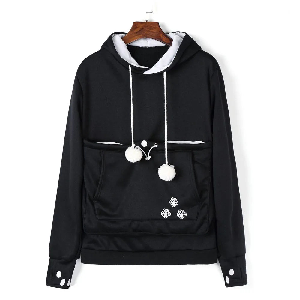 Black pet carrier kangaroo sweatshirt with front pocket and playful pom poms for pet lovers