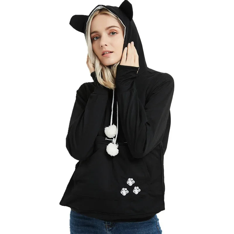 Black pet carrier kangaroo sweatshirt with cute cat ears and front pocket for pet comfort