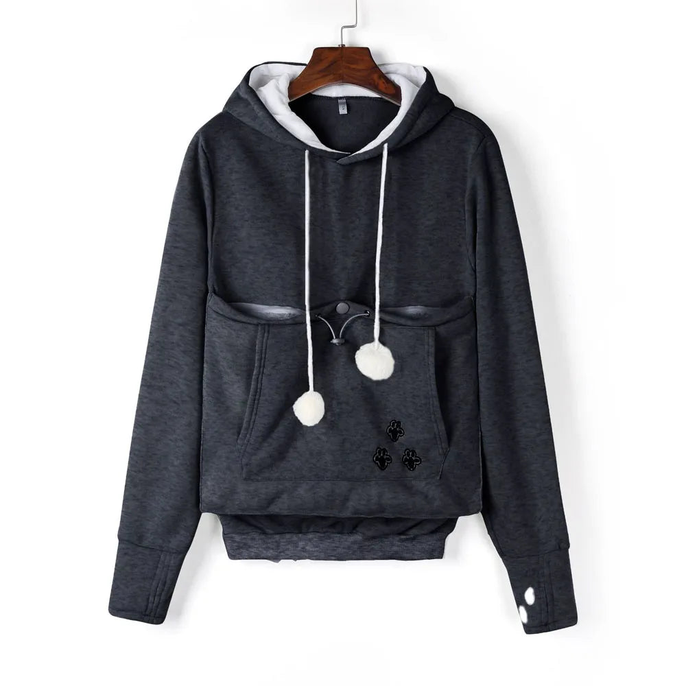 Pet carrier kangaroo sweatshirt in dark gray with a front pouch and playful pom-pom details