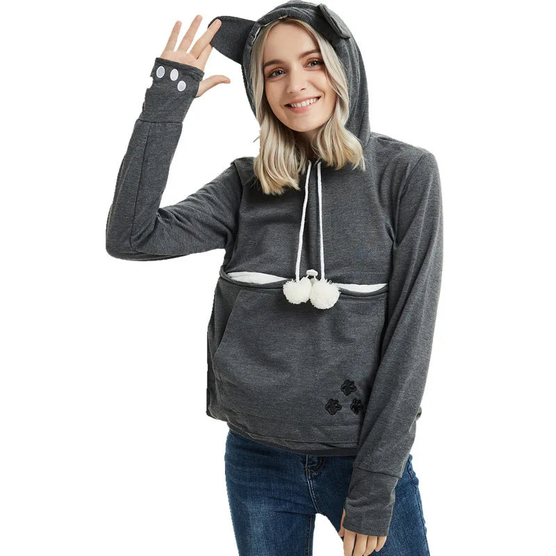 Cozy pet carrier kangaroo sweatshirt in gray with cute cat ears and pom-pom details