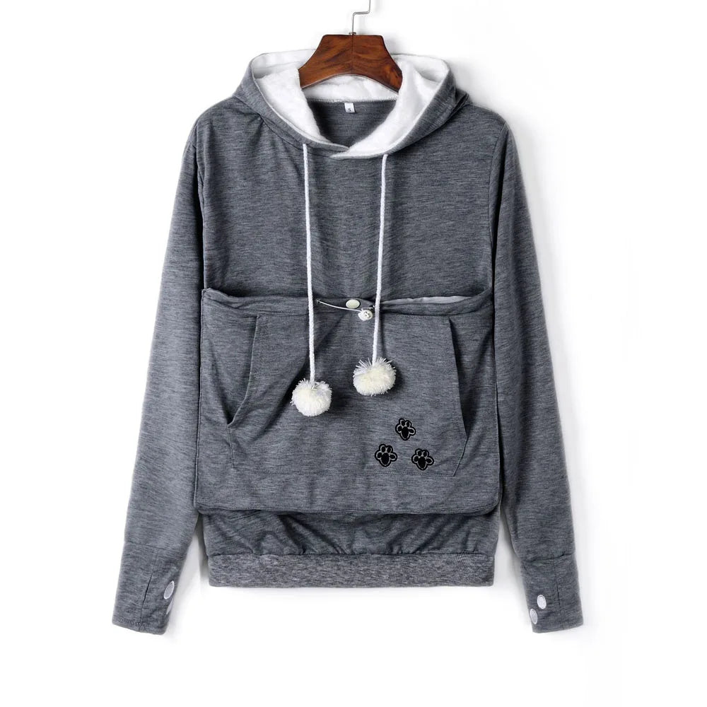 Pet carrier kangaroo sweatshirt in gray with front pockets and pom-pom details for pet owners