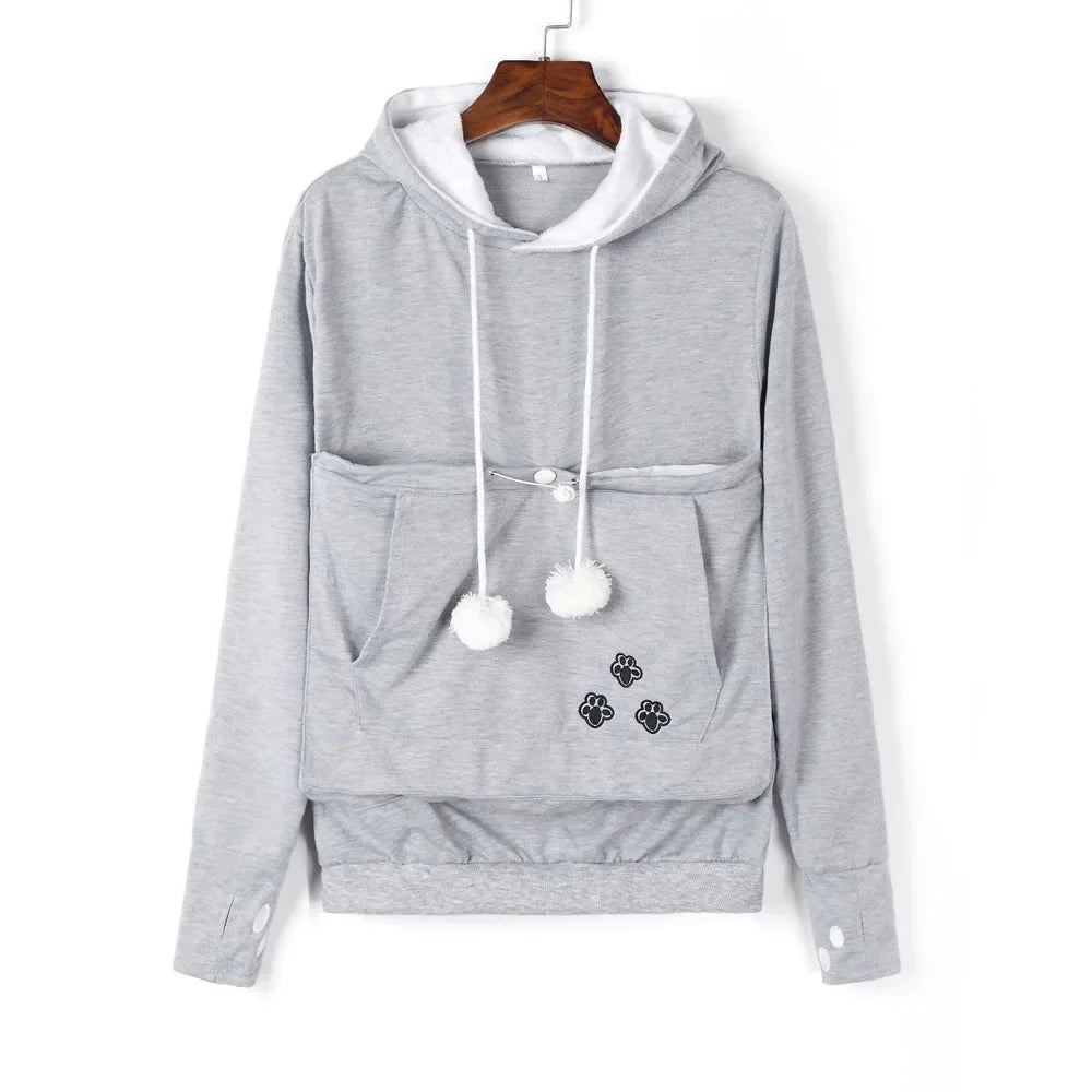 Gray pet carrier kangaroo sweatshirt with a front pouch and cute paw prints for pet owners