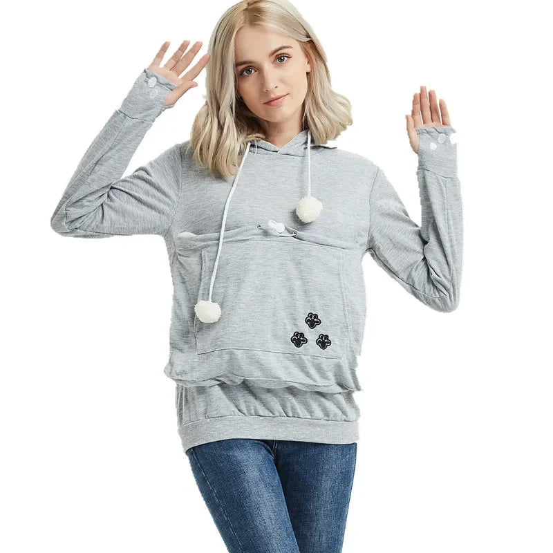Gray pet carrier kangaroo sweatshirt with cozy pockets and playful design for pet owners