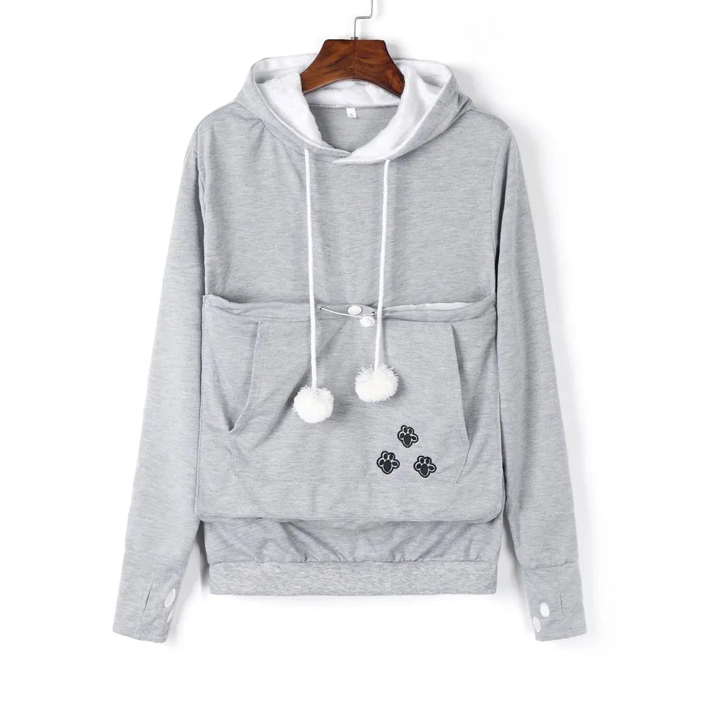 Gray pet carrier kangaroo sweatshirt with front pocket and cute paw prints design