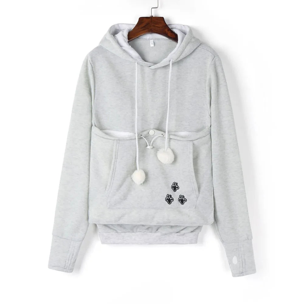 Light gray pet carrier kangaroo sweatshirt with functional front pocket and cozy design for pet owners