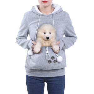 Grey pet carrier kangaroo sweatshirt featuring a front pocket for small pets to stay warm and close