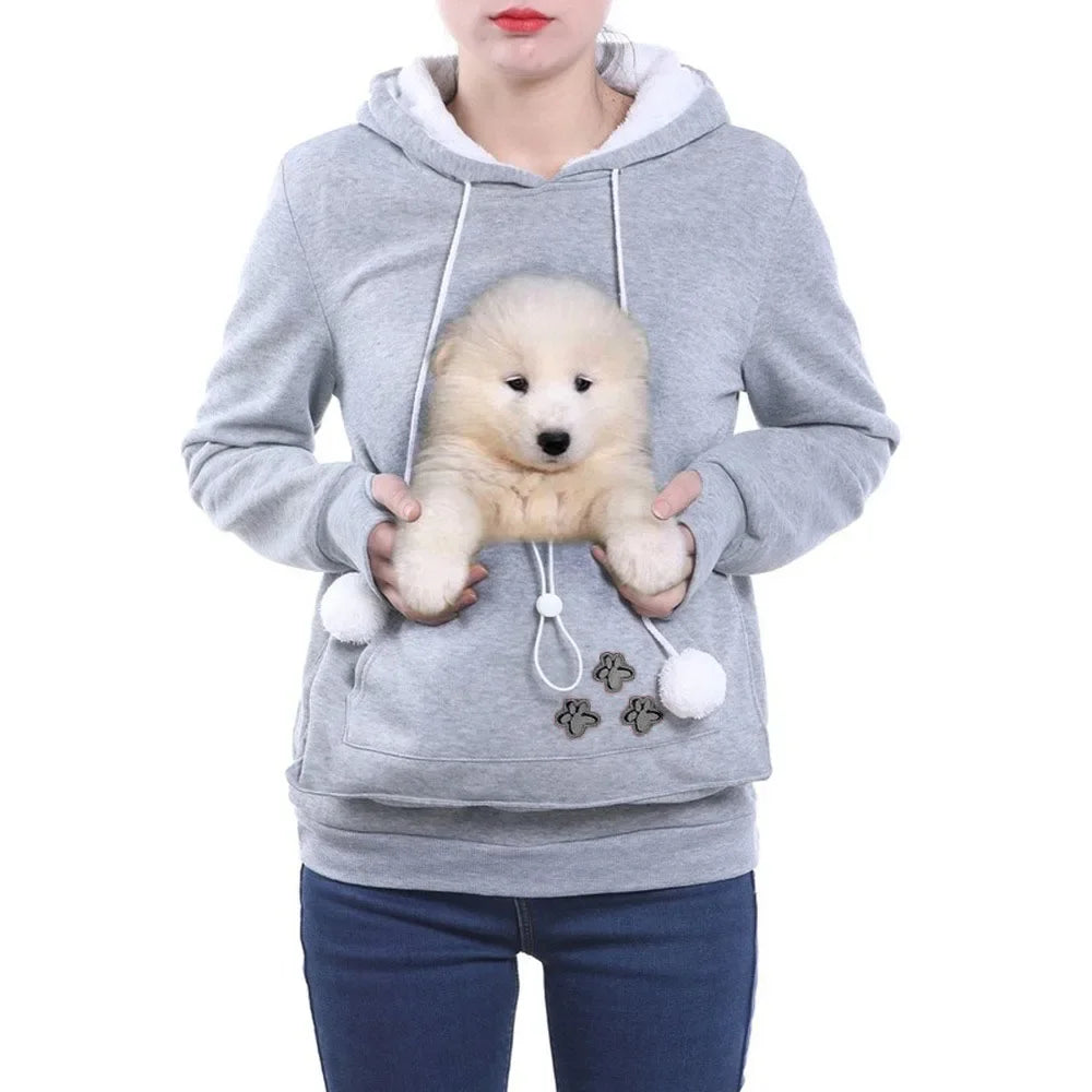 Grey pet carrier kangaroo sweatshirt featuring a front pocket for small pets to stay warm and close