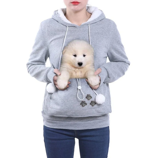 Grey pet carrier kangaroo sweatshirt featuring a front pocket for small pets to stay warm and close