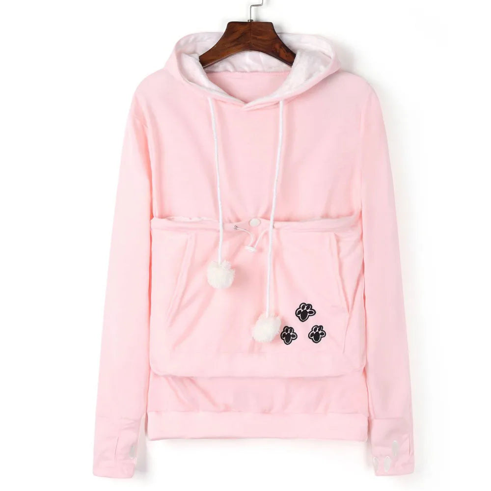 Pink pet carrier kangaroo sweatshirt with a cozy pocket for carrying pets comfortably