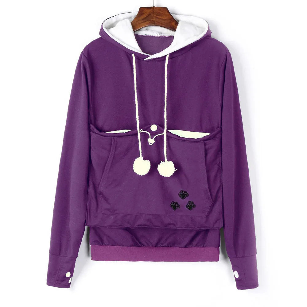 Stylish purple pet carrier kangaroo sweatshirt with pockets and cute pom-poms for pet lovers