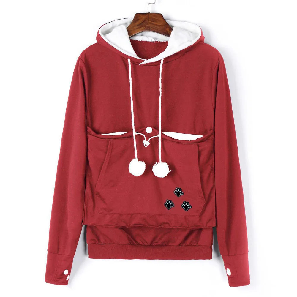 Red pet carrier kangaroo sweatshirt with a cozy pouch and playful design for pet owners
