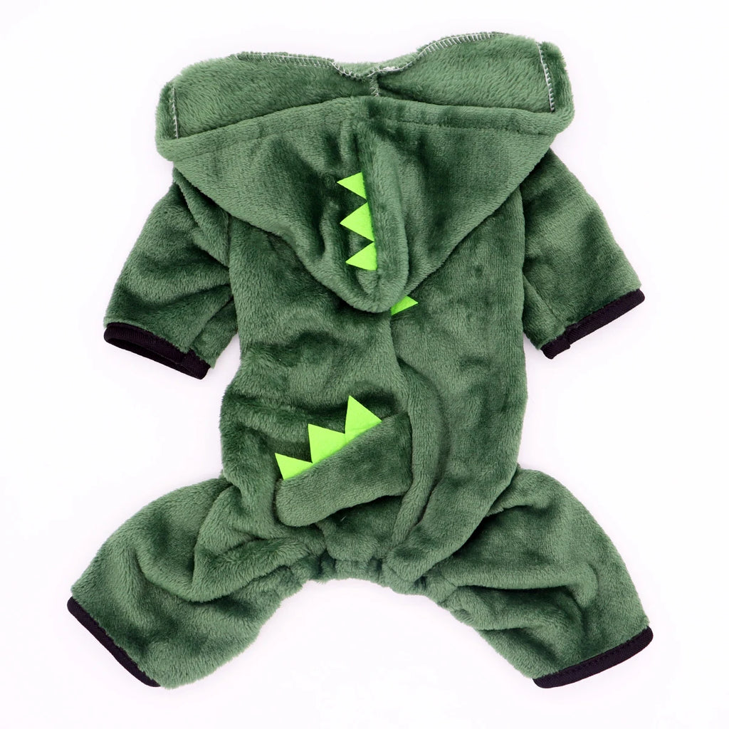 Cute green pet dinosaur costume for cats and small dogs with hood and spikes