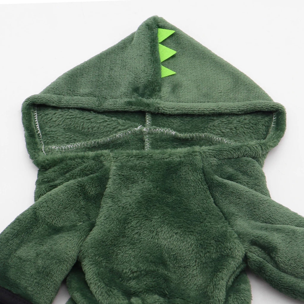 Cozy green pet dinosaur costume for cats and small dogs with hood and plush texture