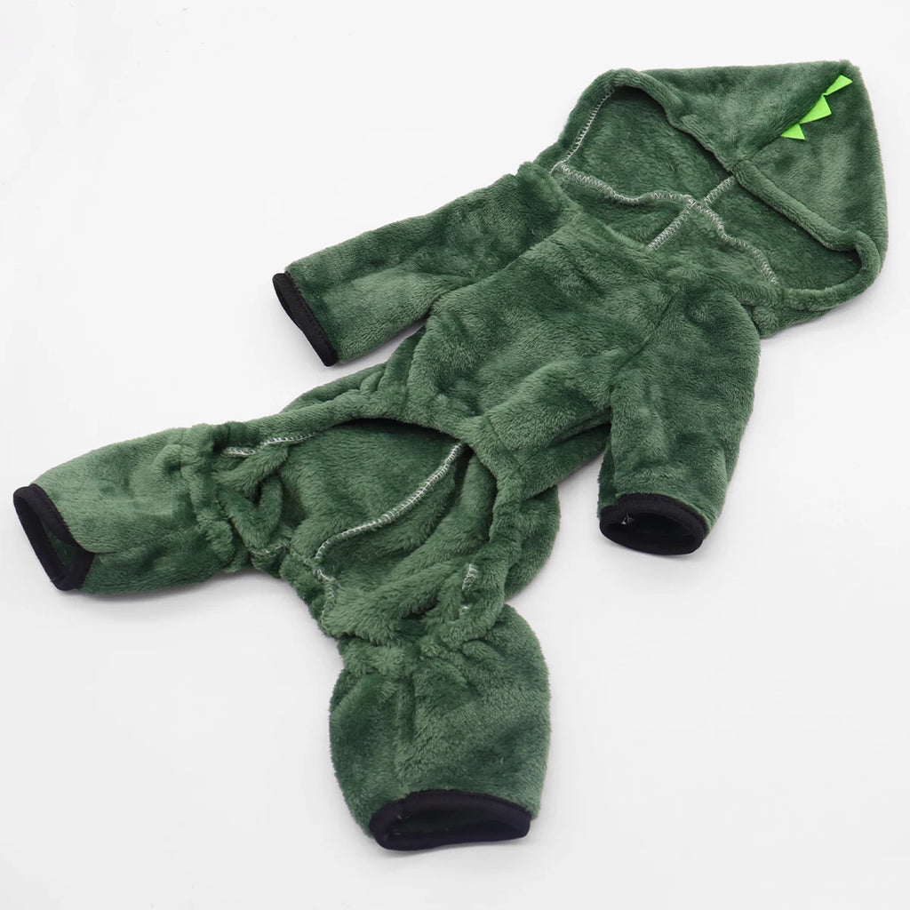 Pet dinosaur costume for cats and small dogs in soft green fabric with hood and scale details