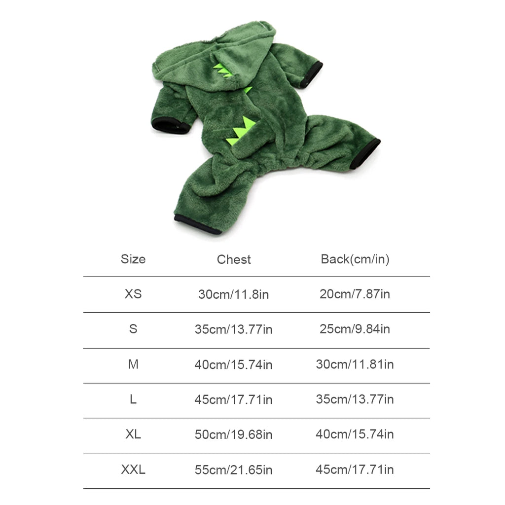 Adorable pet dinosaur costume for cats and small dogs in green with a cozy design and size chart