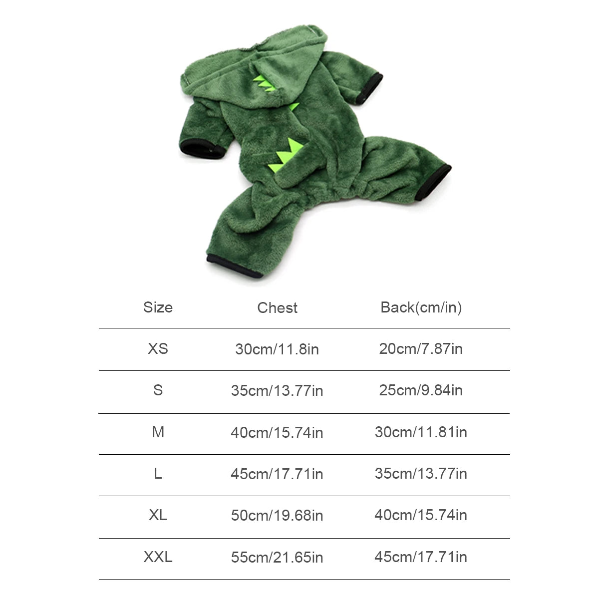 Adorable pet dinosaur costume for cats and small dogs in green with a cozy design and size chart