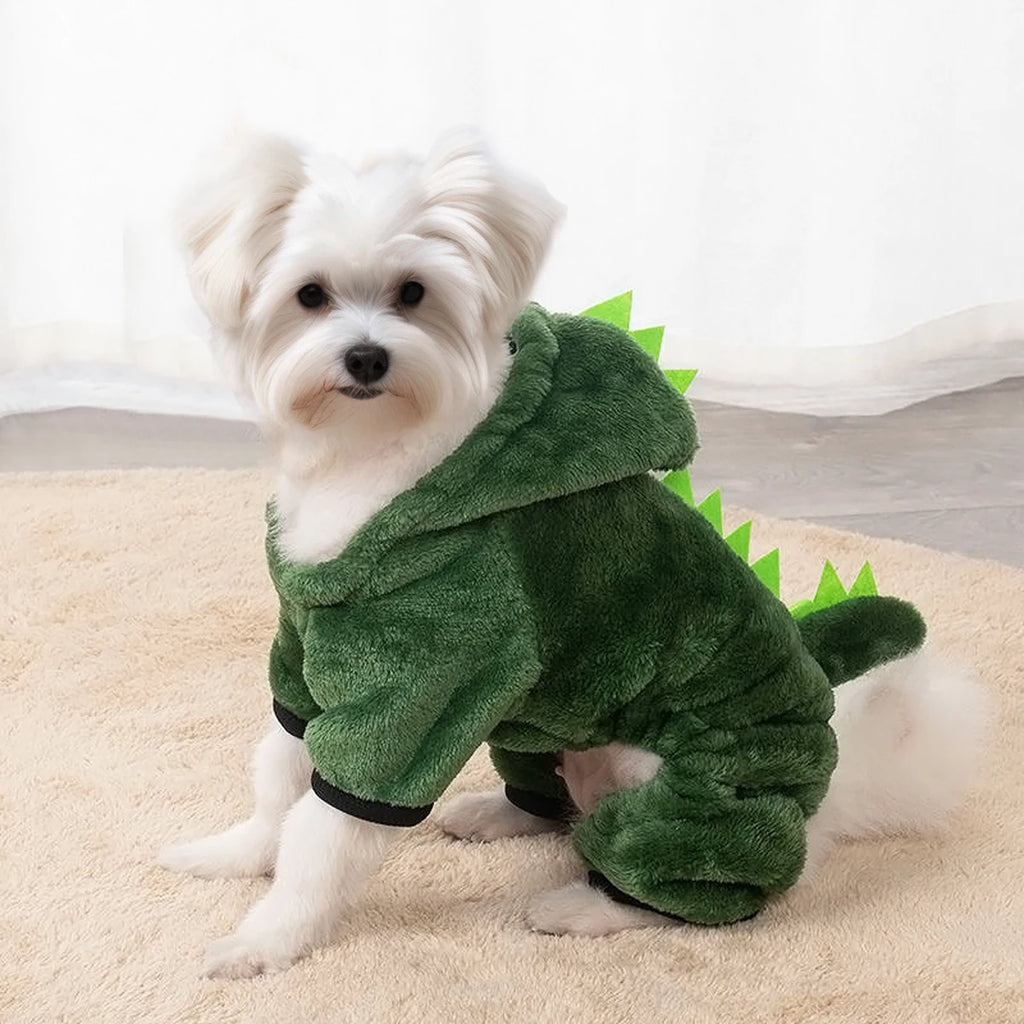 Adorable pet dinosaur costume for cats and small dogs featuring green plush fabric and spiky tail