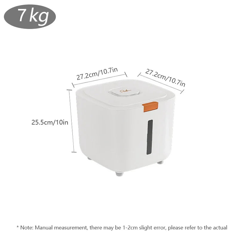 White pet food storage barrel with window, 7kg capacity for easy monitoring of pet food levels
