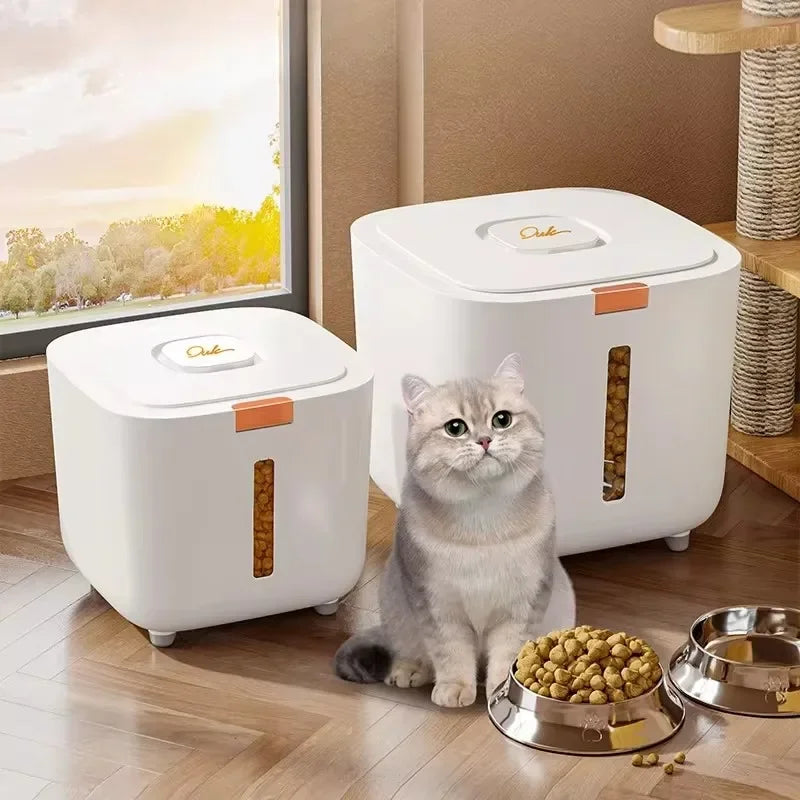 White pet food storage barrel with window, designed to keep pet food fresh and accessible.